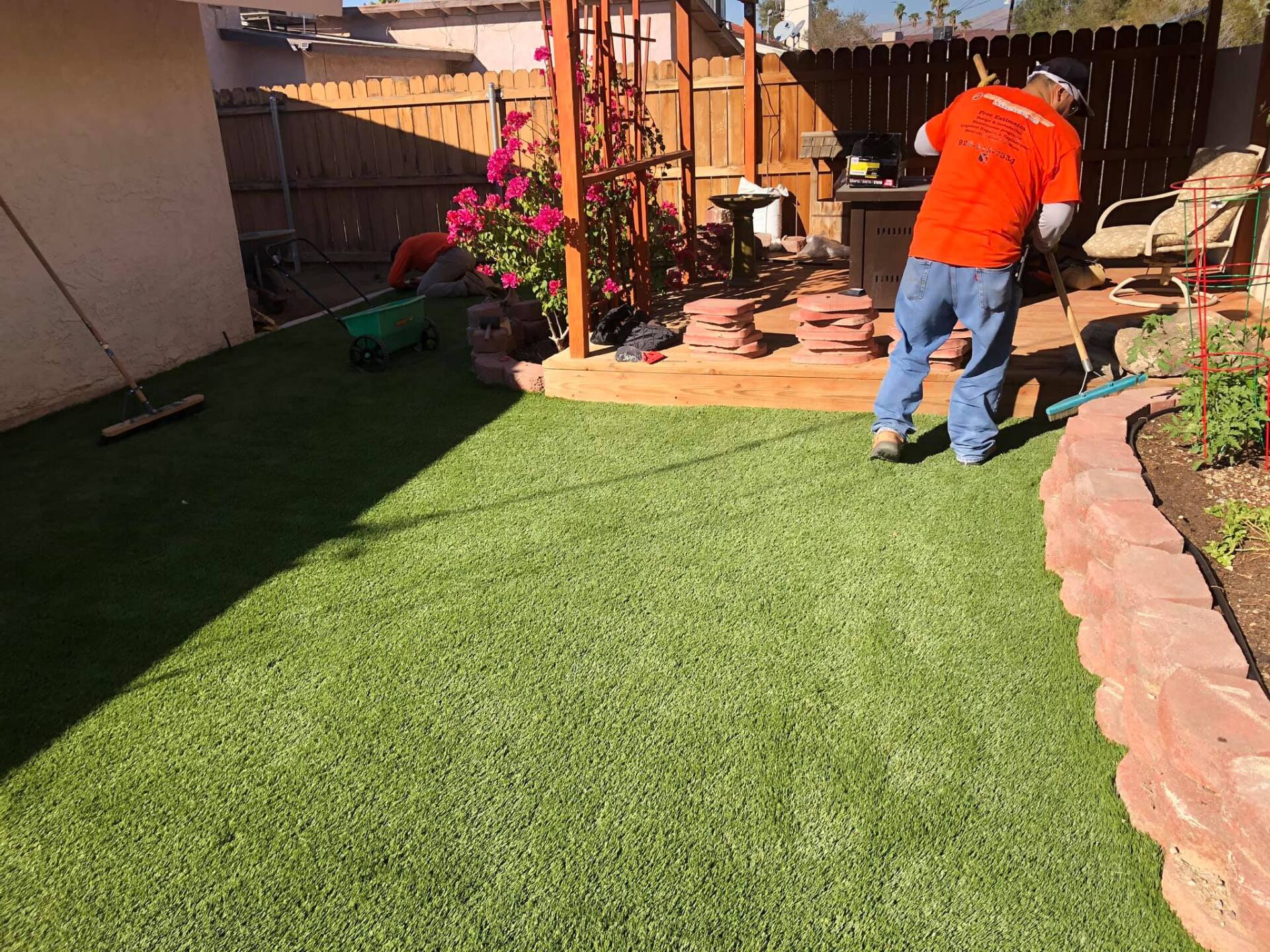A man is standing on a lush green lawn in a backyard.