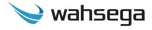 A logo for wahsega with a blue arrow on a white background