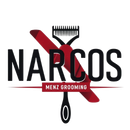 Logo for Narcos Menz Grooming: black and red barber tools overlayed on bold text.