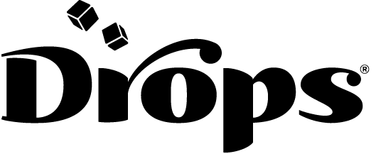 Logo for Drops, with the brand name in bold font and three falling cube shapes above.