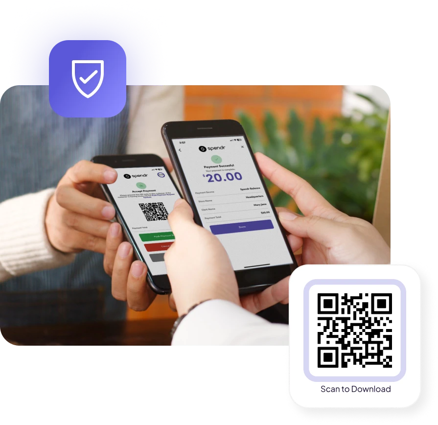 Two people using phones for mobile payment. One phone displays a QR code; the other, a $20 transaction.