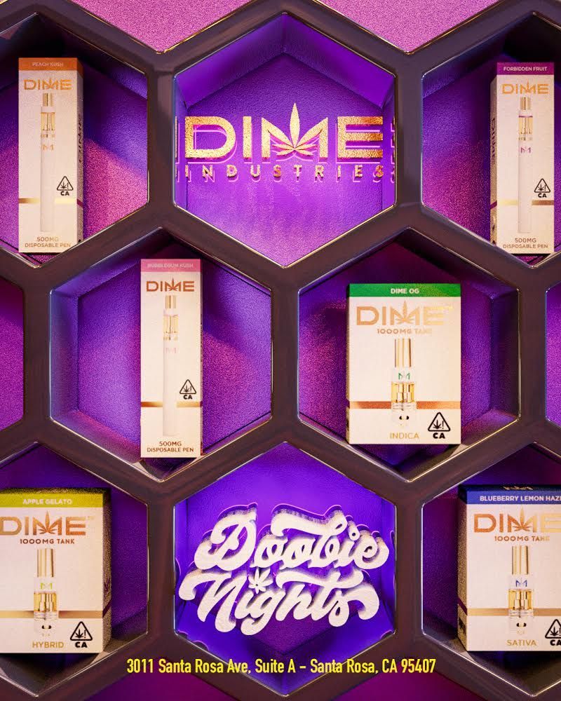 Display of Dime Industries cannabis products in a honeycomb-shaped shelf with purple lighting and a