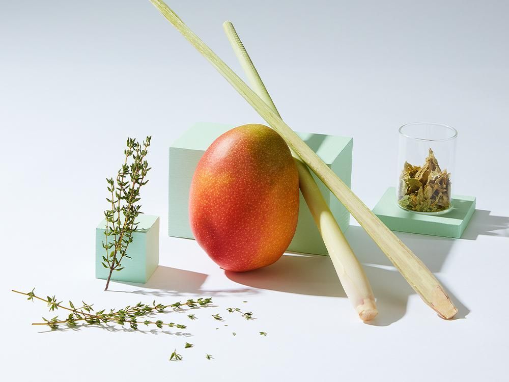 Ripe mango with lemongrass, thyme, and herbs arranged on mint green blocks against a white background.
