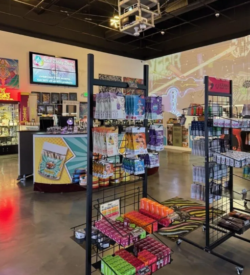 Inside a brightly lit retail shop selling colorful packaged goods displayed on black metal racks. 