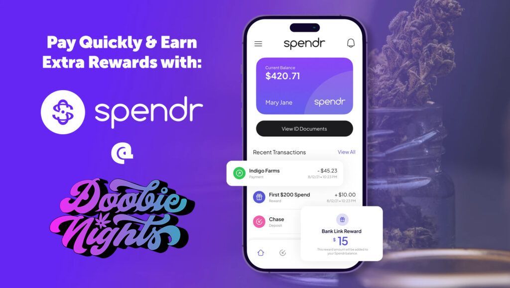 Promotional graphic for Spendr payment app, featuring a smartphone with a digital wallet, with a purple background.