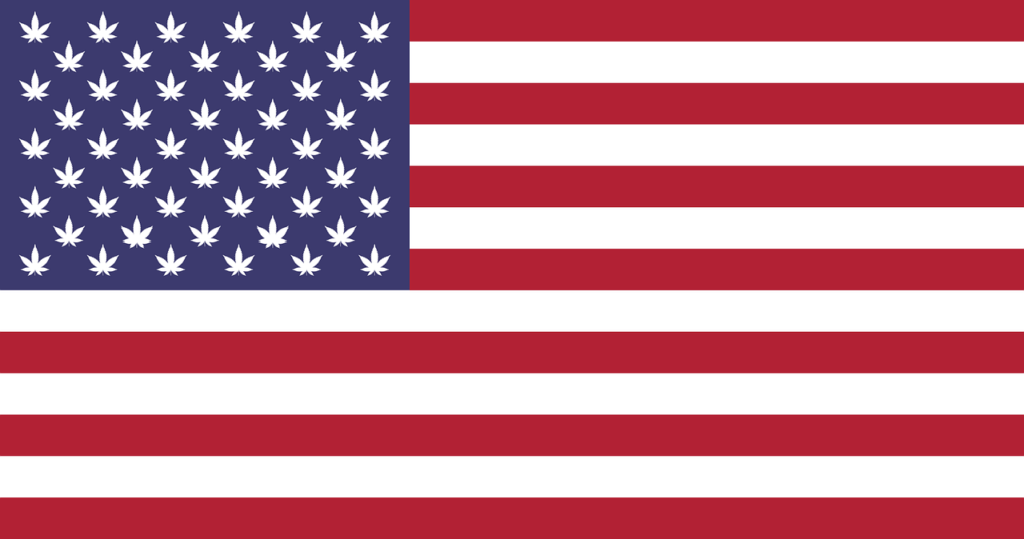 U.S. flag with cannabis leaves in place of stars on a blue field. Red and white stripes make up the rest of the flag.