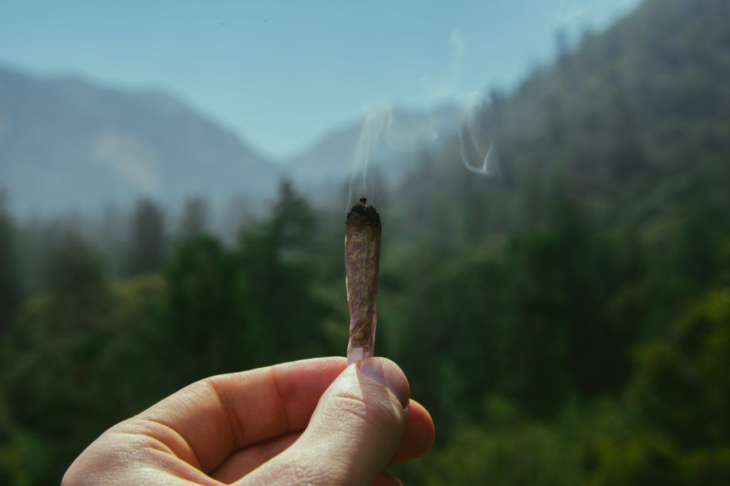 A hand holding a lit joint with smoke rising, mountains and trees in the blurred background.