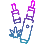 Illustration of two vaporizers, a cannabis leaf, with a purple and blue gradient.