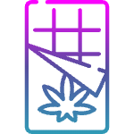 A brightly colored chocolate bar with a cannabis leaf and broken wrapper.