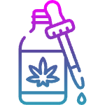 Bottle of oil with a cannabis leaf, and a dropper with a droplet, in shades of blue and purple.