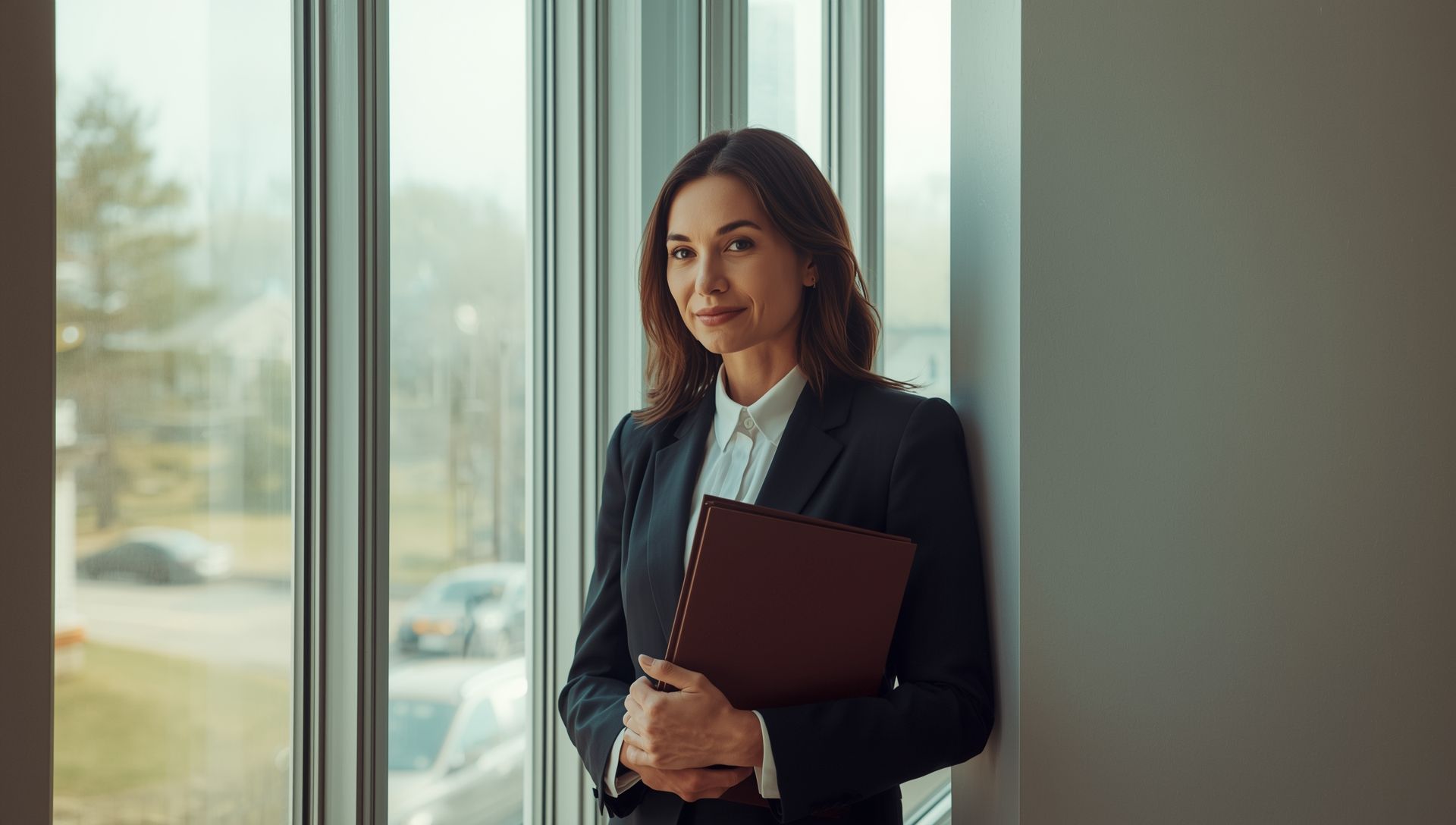 Estate planning attorney standing confidently near a window