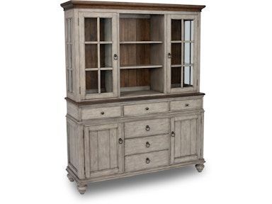 A white hutch with drawers and shelves on a white background