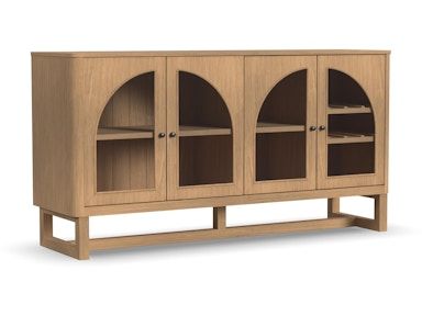 A wooden cabinet with glass doors and shelves on a white background