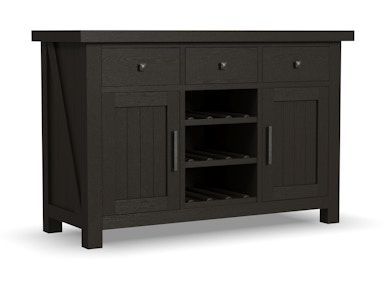 A black wooden cabinet with drawers and a wine rack.