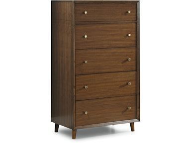 A wooden chest of drawers with five drawers on a white background.