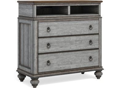 A dresser with three drawers and a wooden top on a white background.