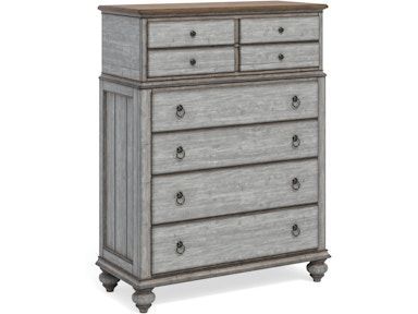 A chest of drawers with five drawers and a wooden top on a white background.