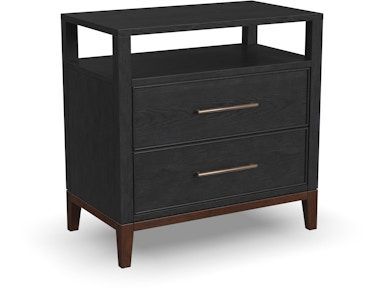 A black nightstand with two drawers and a shelf on a white background.