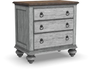 A dresser with three drawers and a wooden top on a white background.