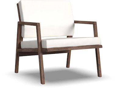 A wooden chair with a white cushion on a white background.
