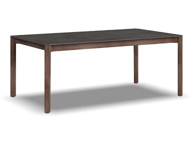 A wooden table with a black top and brown legs on a white background.
