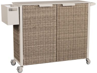 A wicker cart with two doors and wheels on a white background