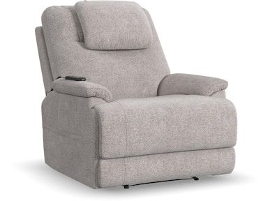 A grey recliner with a headrest and arm rests on a white background.