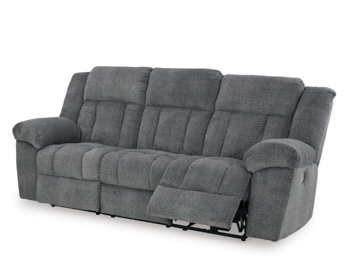 A grey recliner couch on a white background