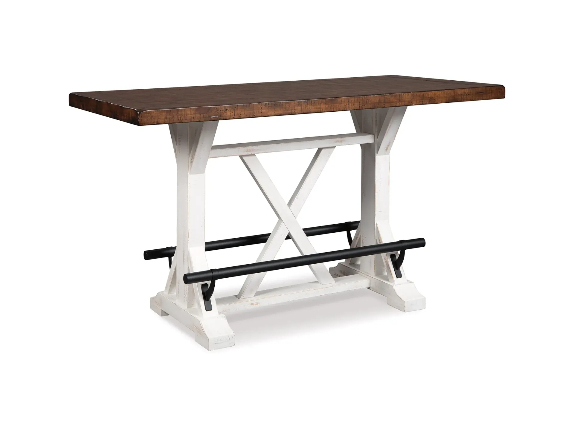 A bar table with a wooden top and white legs on a white background.
