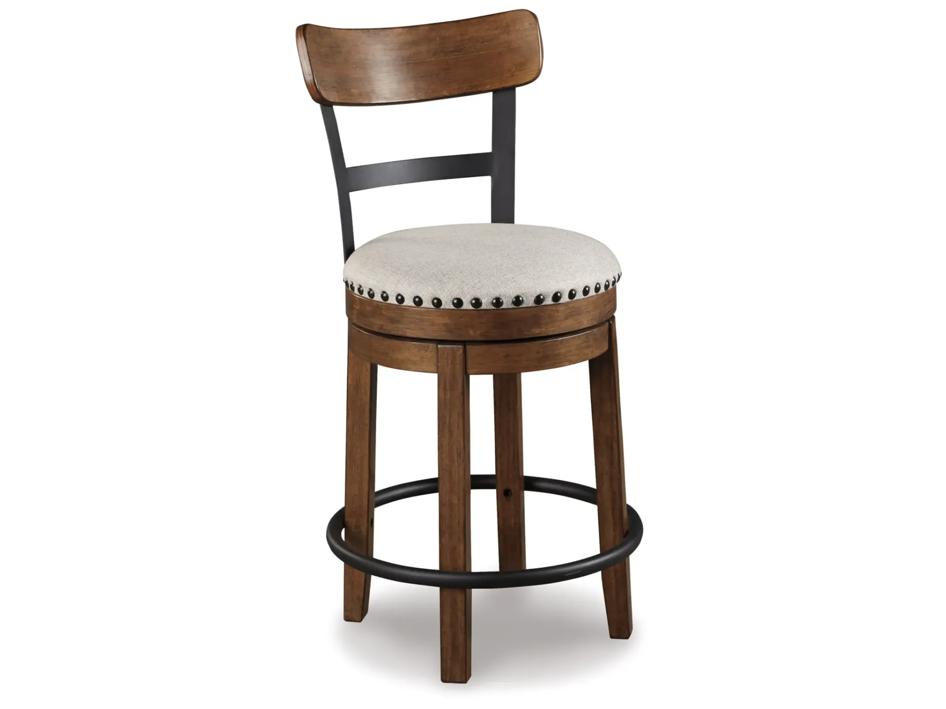 A wooden bar stool with a white cushion on a white background.
