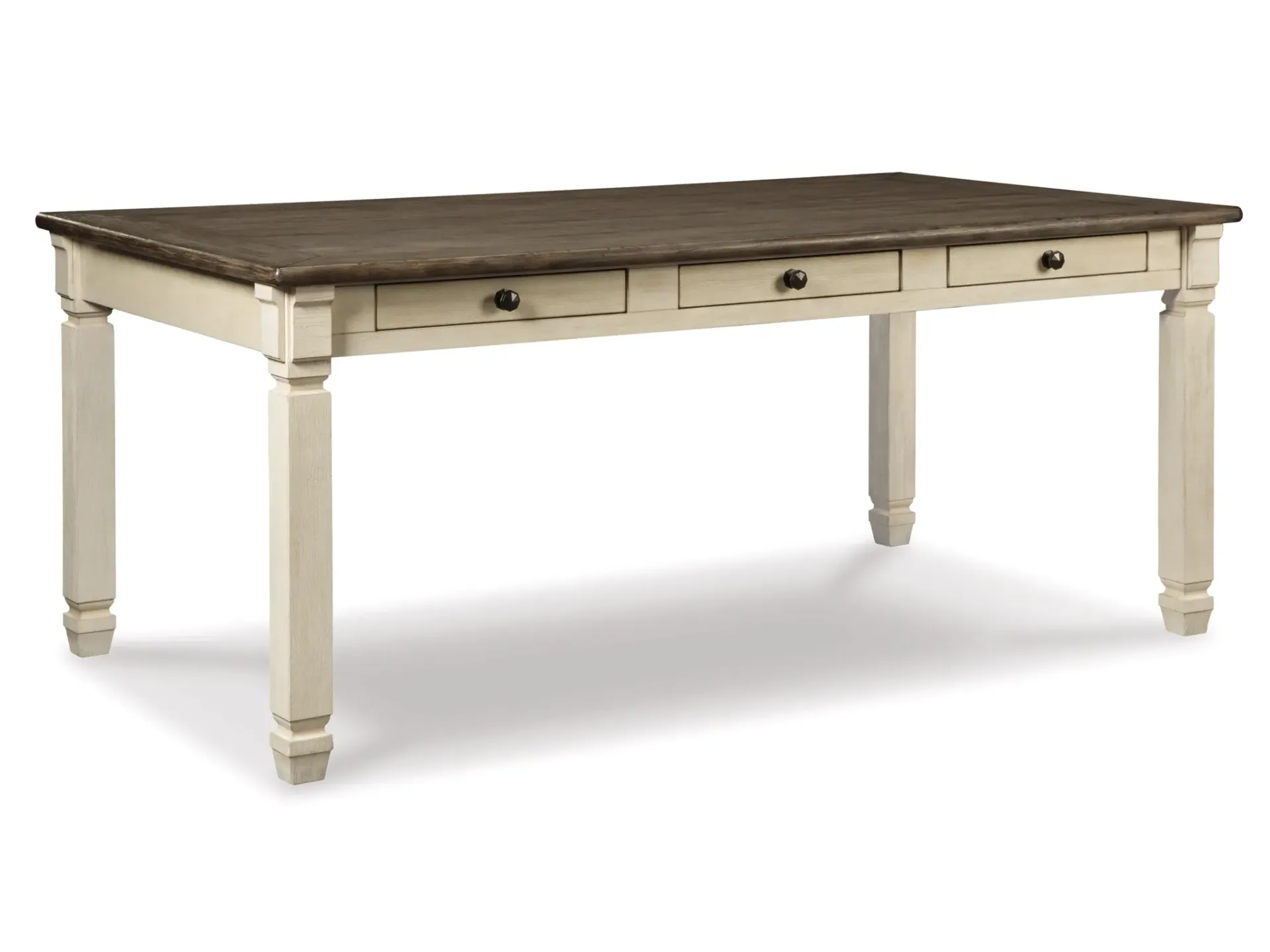 A wooden table with white legs and drawers on a white background.