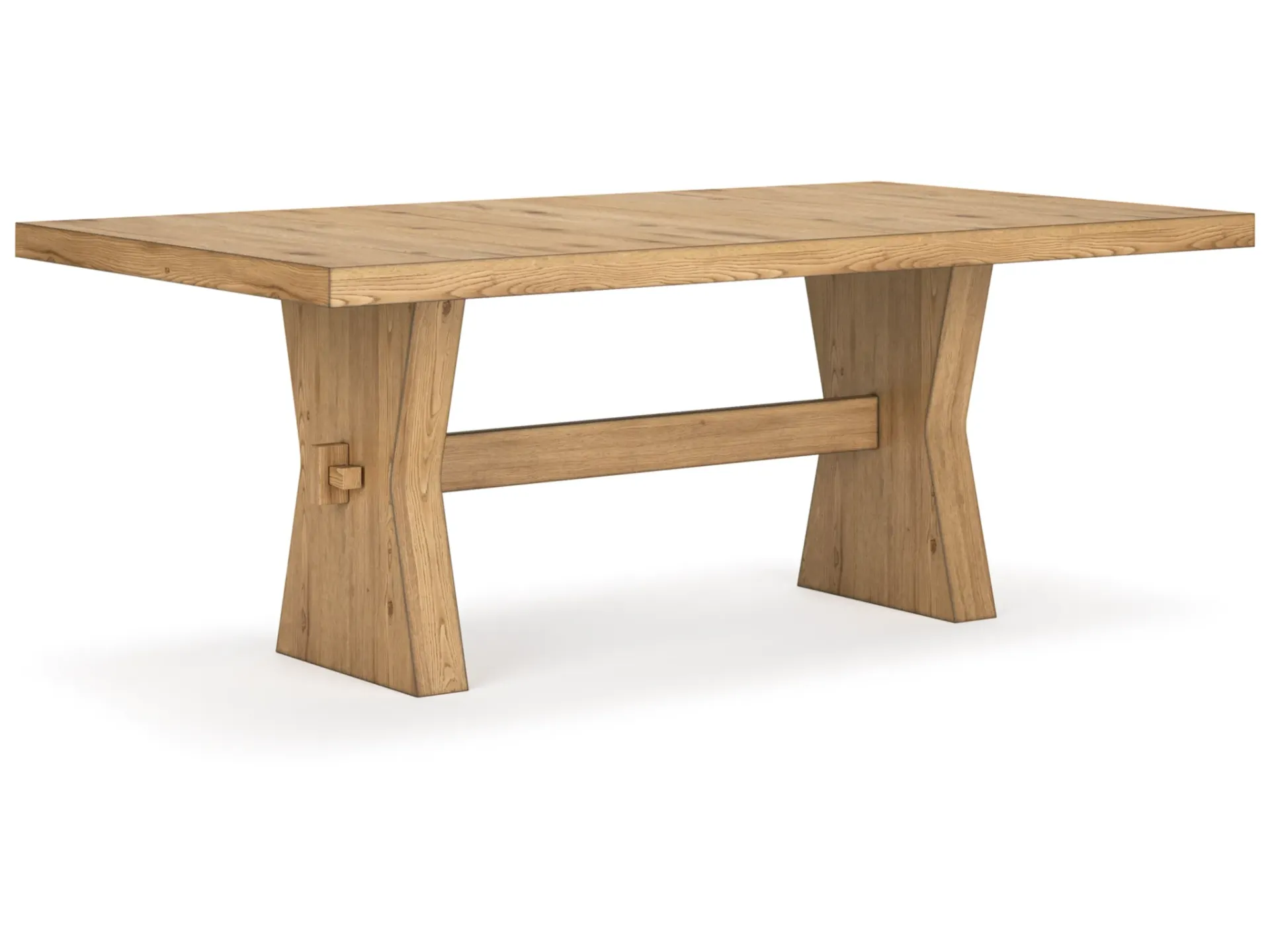 A wooden table with a wooden base on a white background.