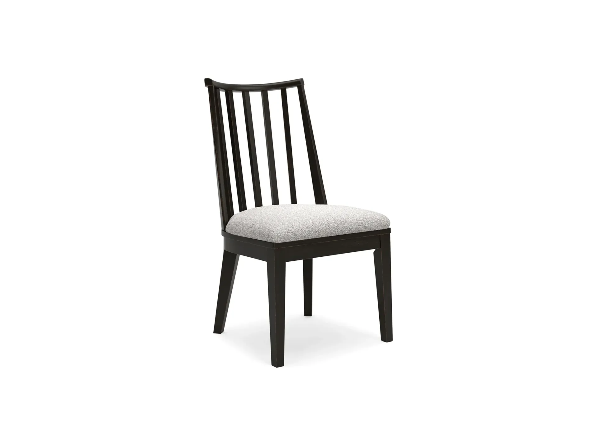A black dining chair with a white cushion on a white background.