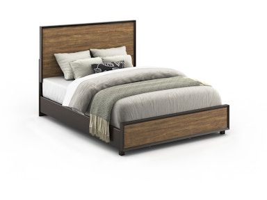 A bed with a wooden frame and a white comforter on a white background.