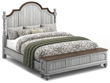 A bed with a bench underneath it on a white background.