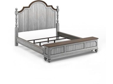 A bed with a wooden headboard and a wooden frame on a white background.
