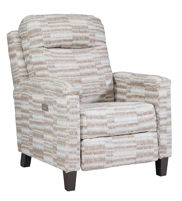 A recliner with a pattern on it is on a white background