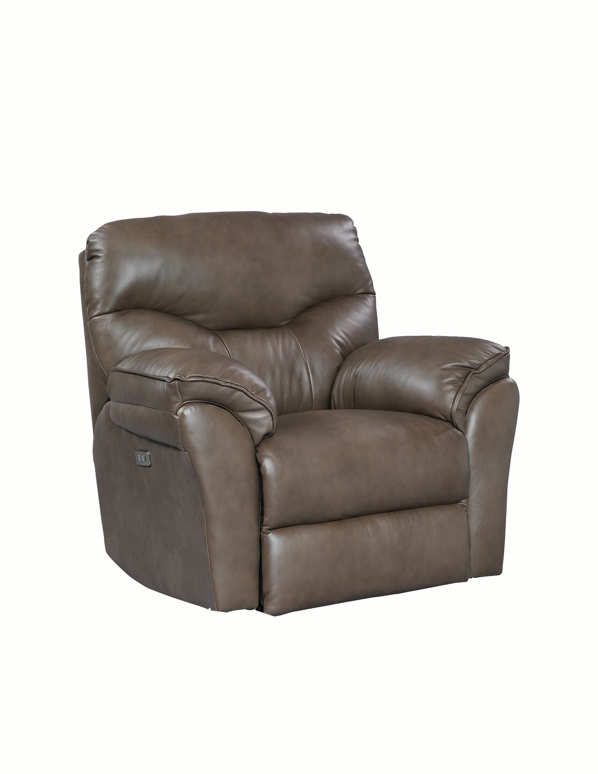 A brown leather recliner on a white background.