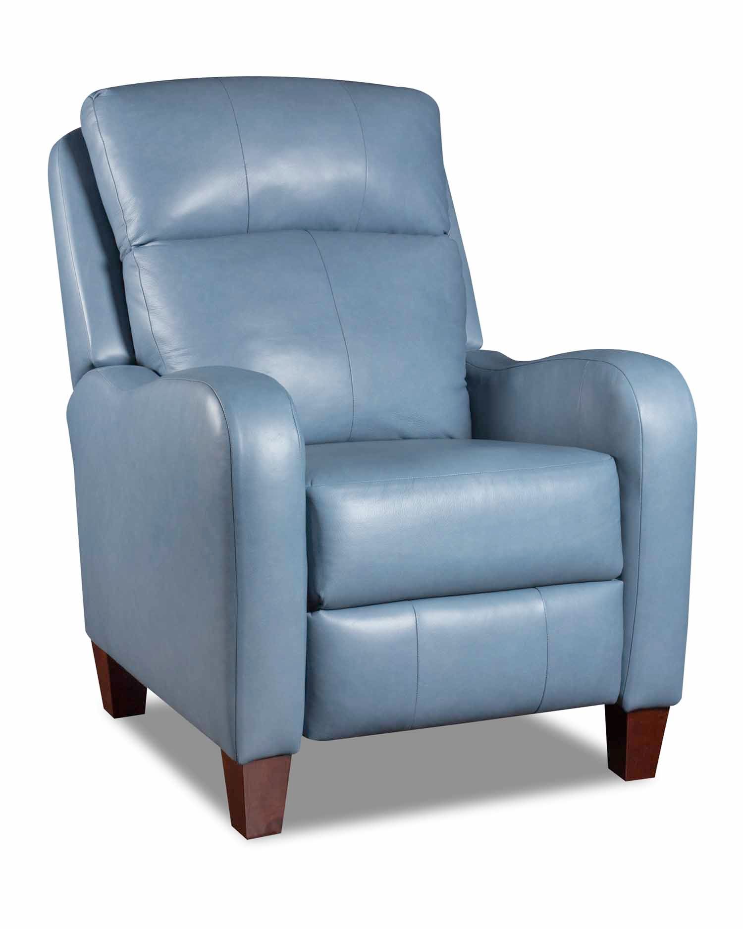 A light blue leather recliner with wooden legs on a white background.