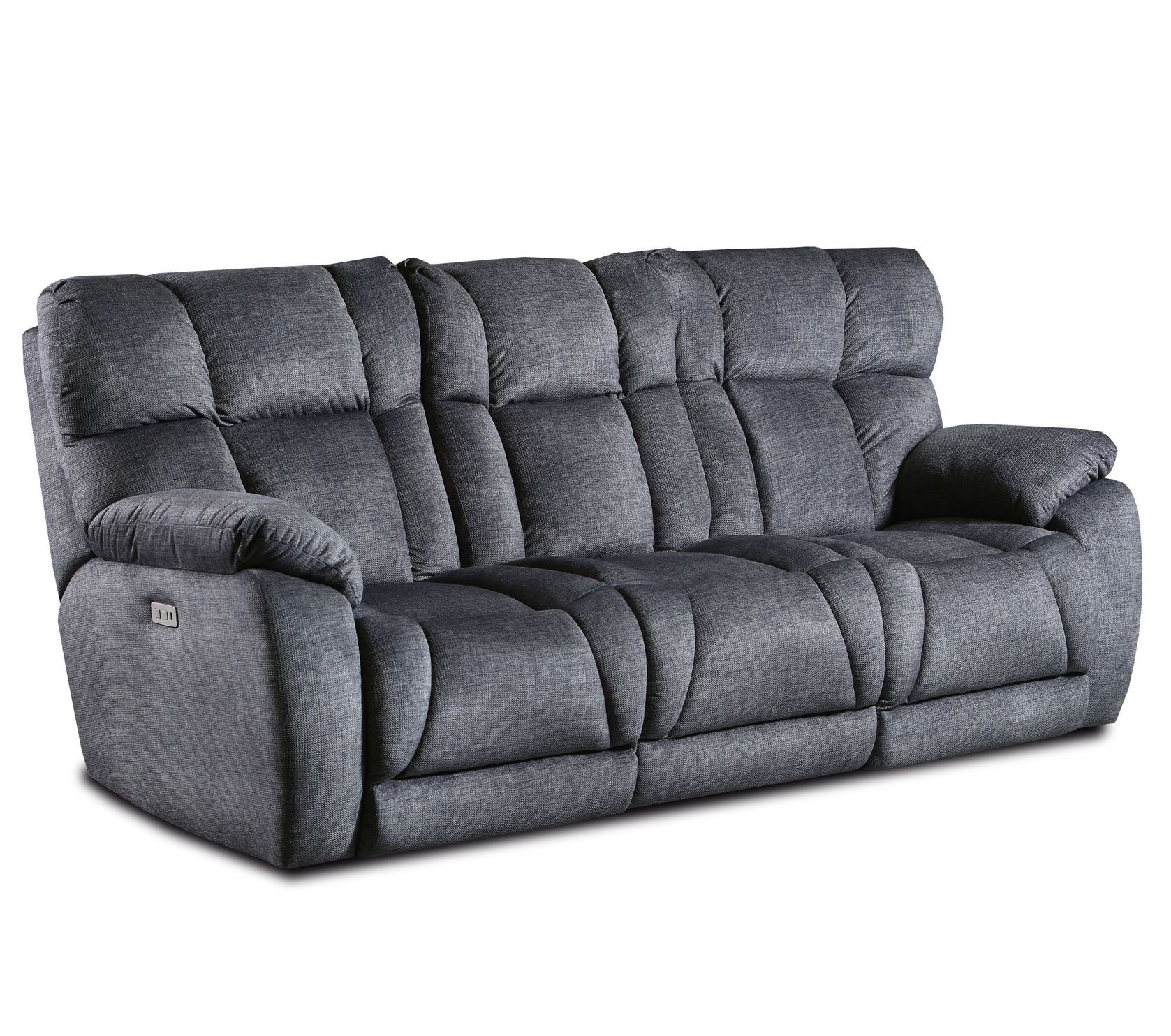 A grey recliner couch is sitting on a white background.