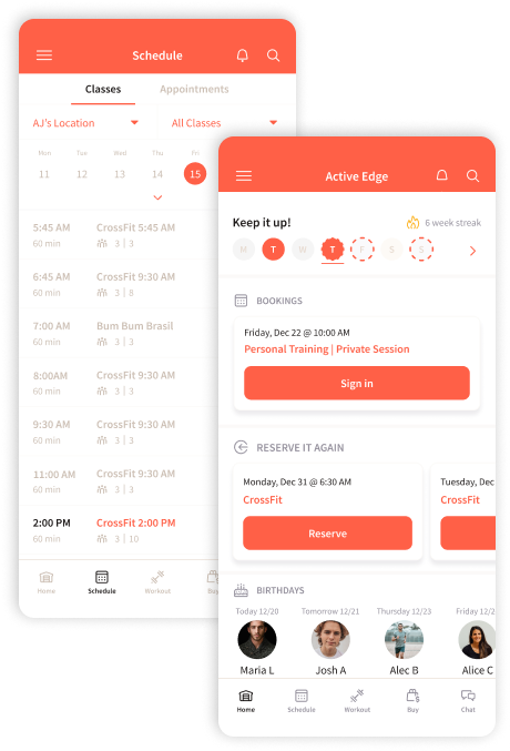Mobile app screens showing class schedule and workout details with orange accents.