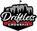 Driftless CrossFit logo: mountain and pine trees, red and black framing, white script text.