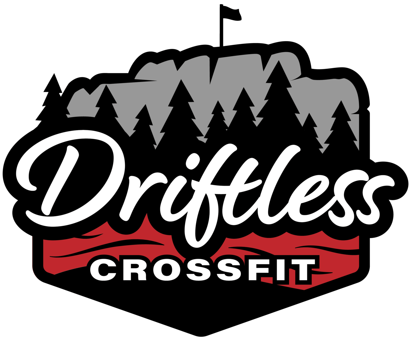 Driftless CrossFit logo: mountain and pine trees, red and black framing, white script text.