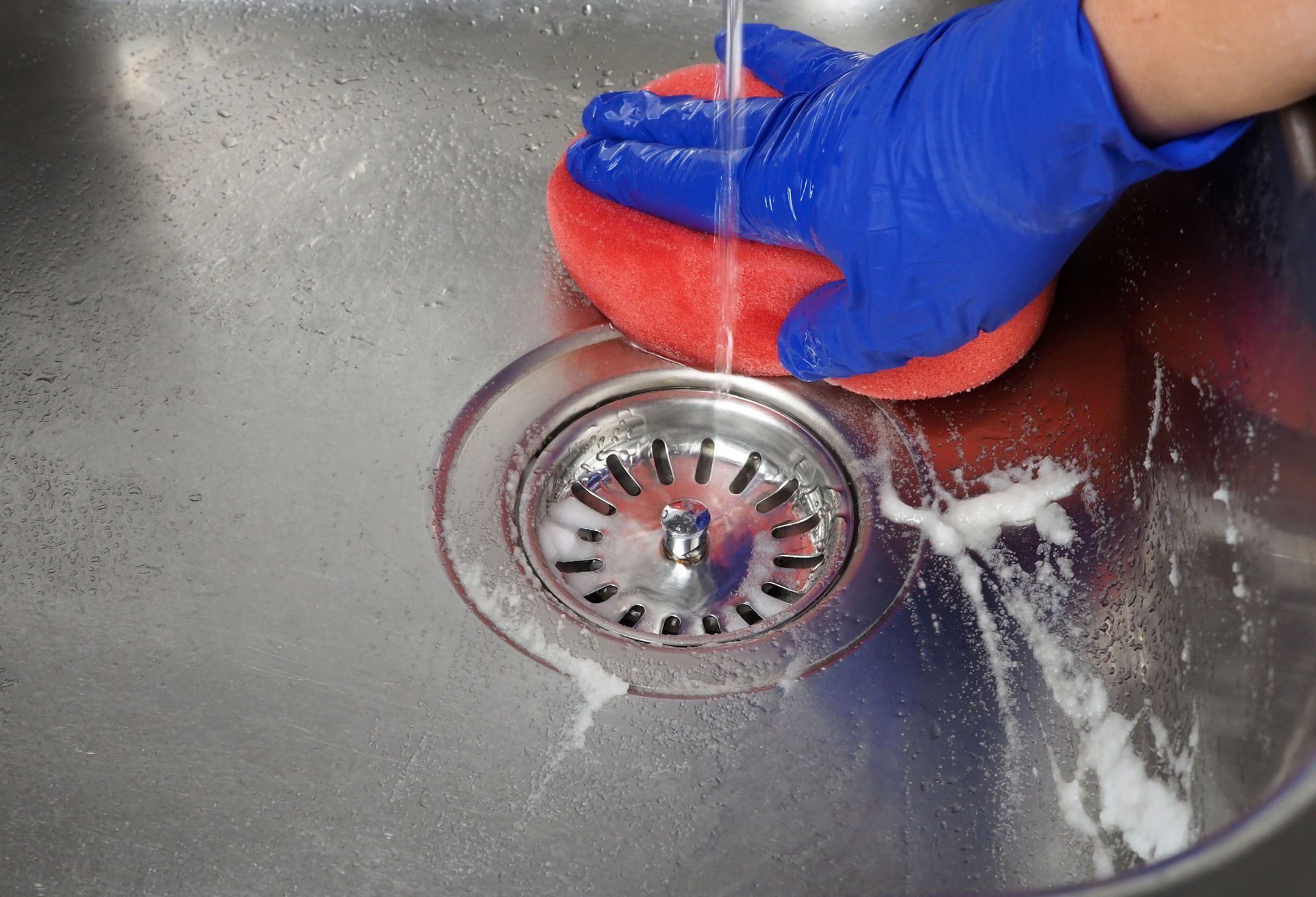 Hand in blue glove scrubbing a stainless steel sink with a red sponge.
