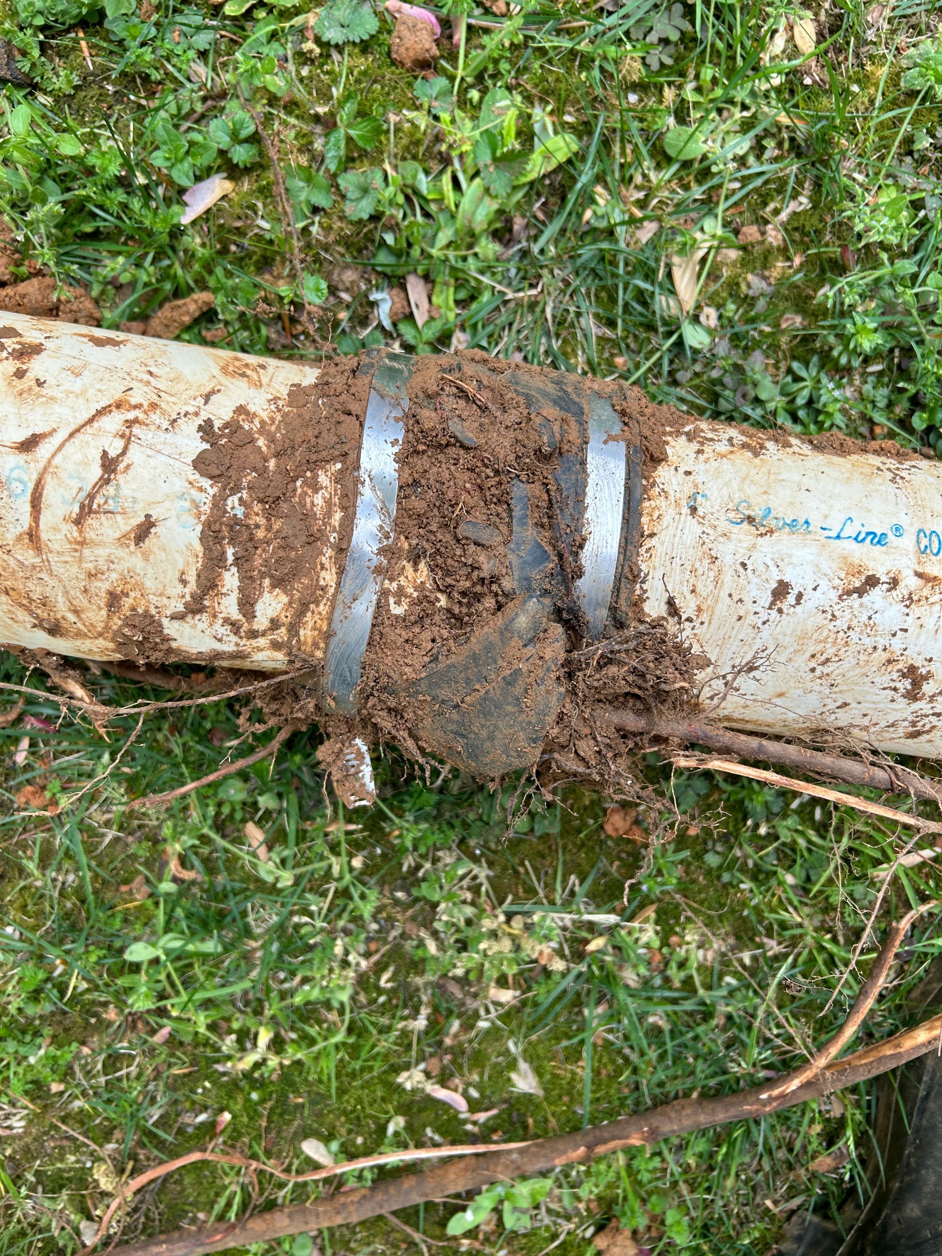 A muddy pipe is sitting on top of a lush green field.
