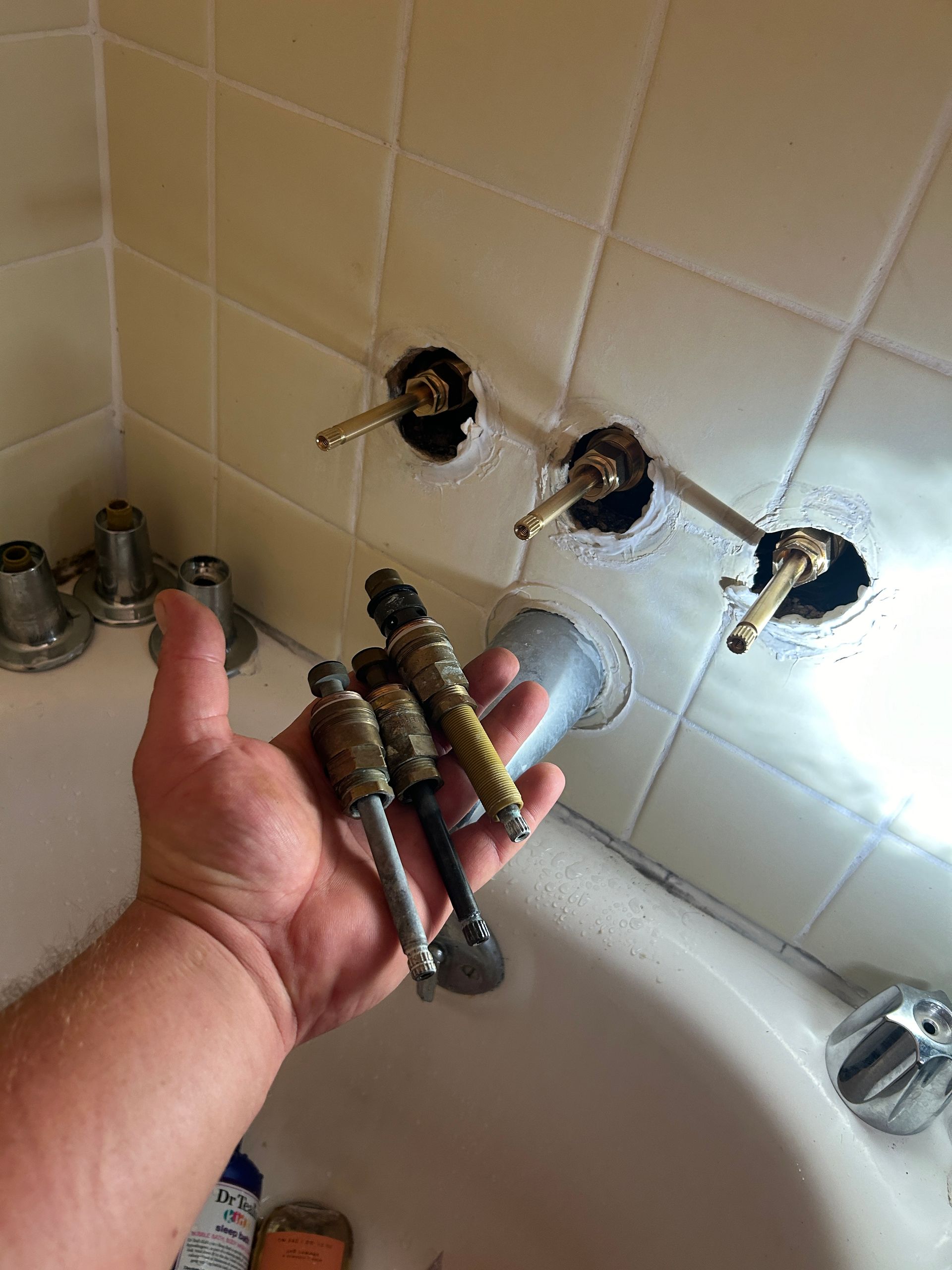 A person is holding a bunch of faucets in their hand in front of a bathtub.