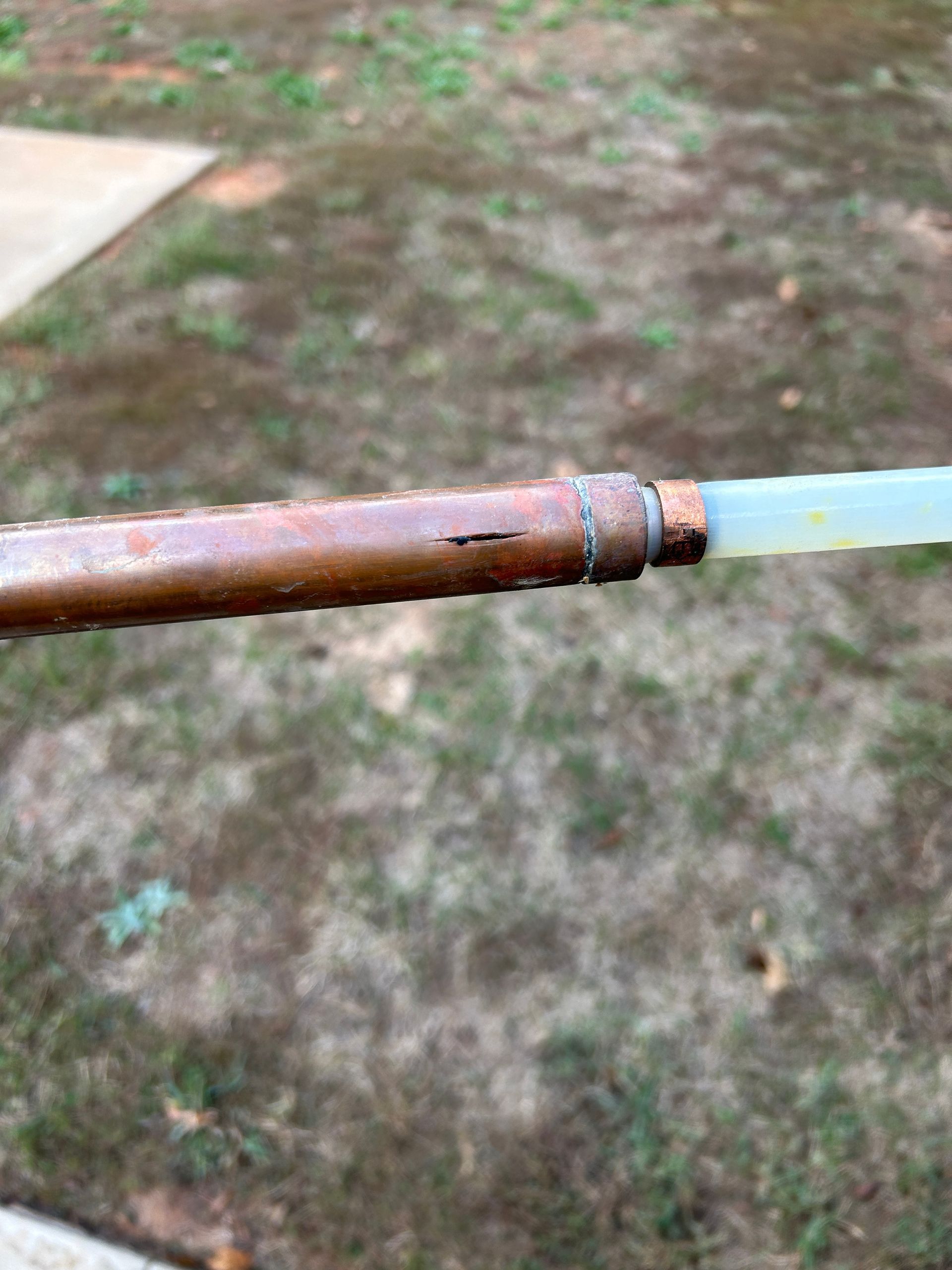 A close up of a copper pipe with a hose attached to it.