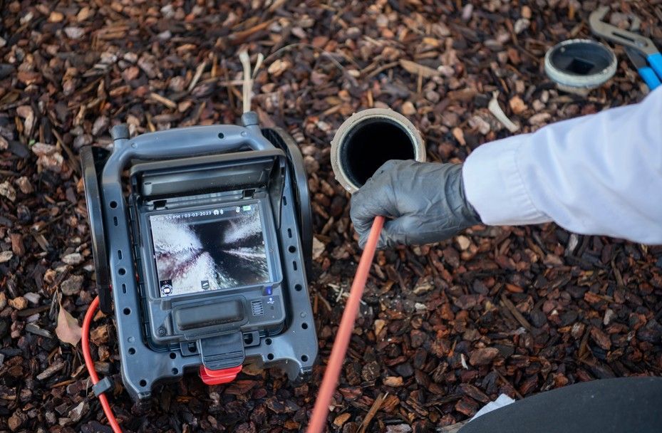 Person inspecting a pipe with a camera, showing the screen and surroundings.