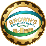 Logo for Brown's Appliance Repair Service featuring gold gear, text, and icons of a washer, tools, fridge, and oven.