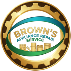 Logo for Brown's Appliance Repair Service featuring gold gear, text, and icons of a washer, tools, fridge, and oven.